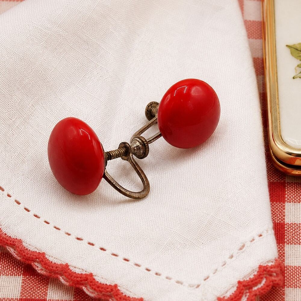 Cherry Red Glass Button Earrings 1950s Rockabilly Vintage Screw Back Retro Pop